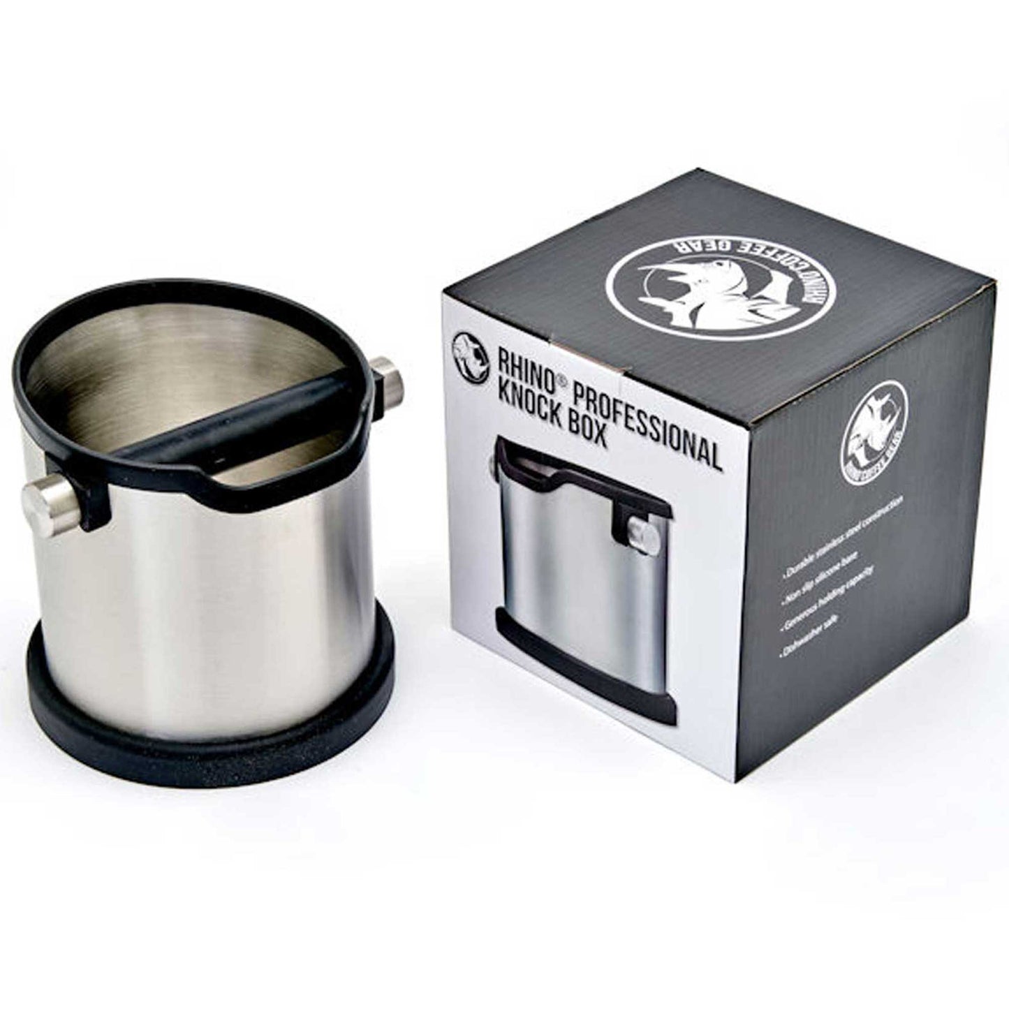 Rhinowares Deluxe Stainless Steel Coffee Knock Box + Black Rubber Trim