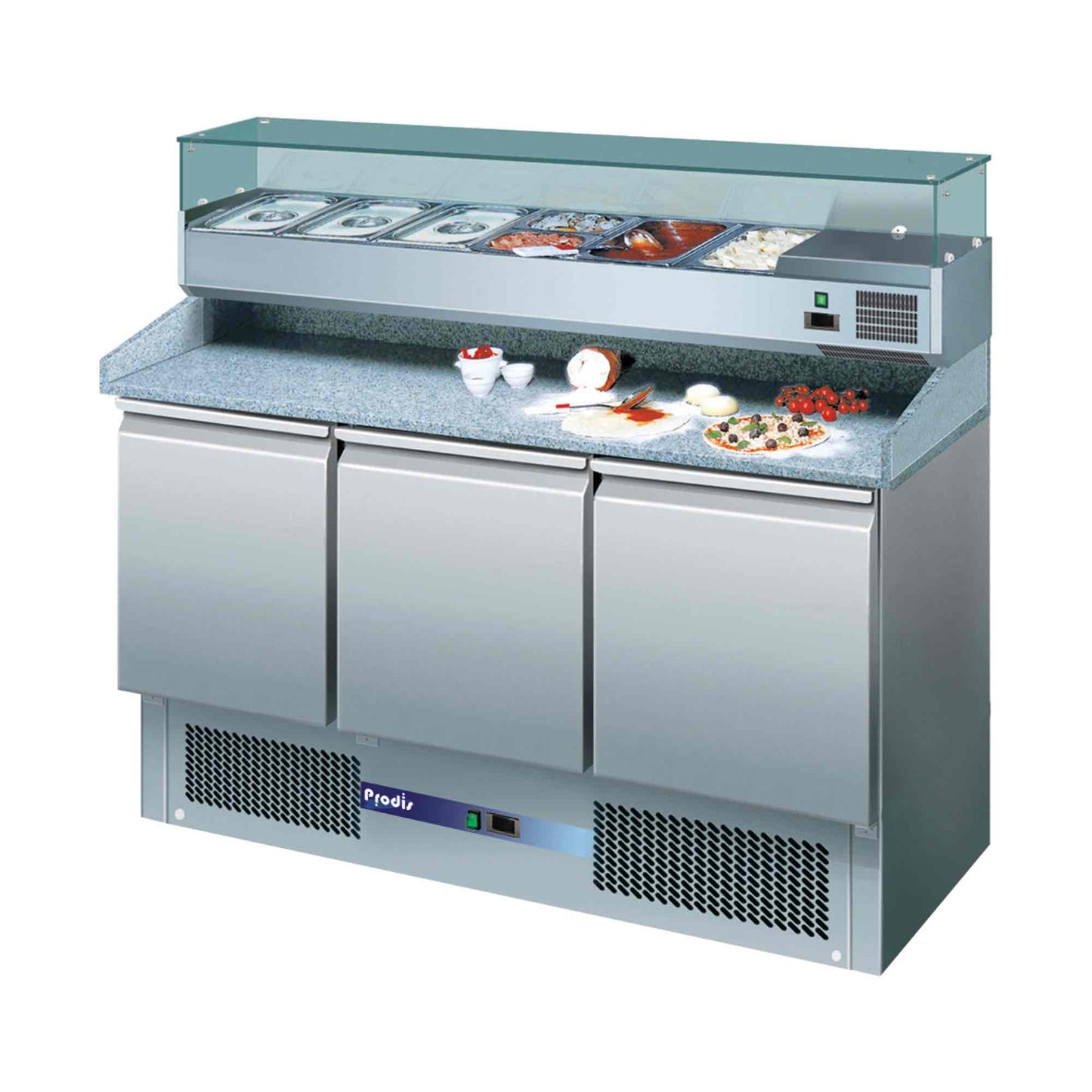 Prodis EC-3PIZZA 3 Door Granite Top Pizza Prep Table With Gastronom Topping Unit