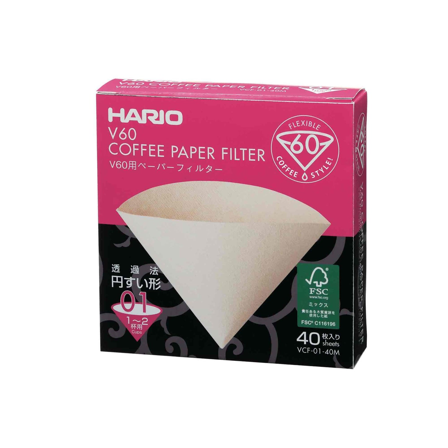 Hario V60 Paper Filter 01 Dripper Unbleached Sheets - Pack Of 40