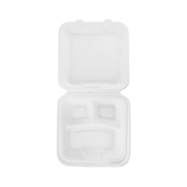 Vegware Compostable 9in 3-Comp Bagasse Lunchbox - White - Case of 200