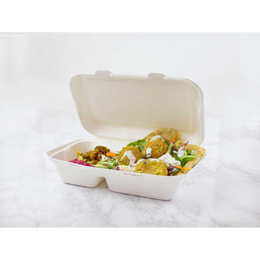 Vegware Compostable 9 x 6in Two Compartment Bagasse Clamshell - White - Case of 200