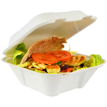 Vegware Compostable 7 x 7in Bagasse Clamshell - White - Case of 500