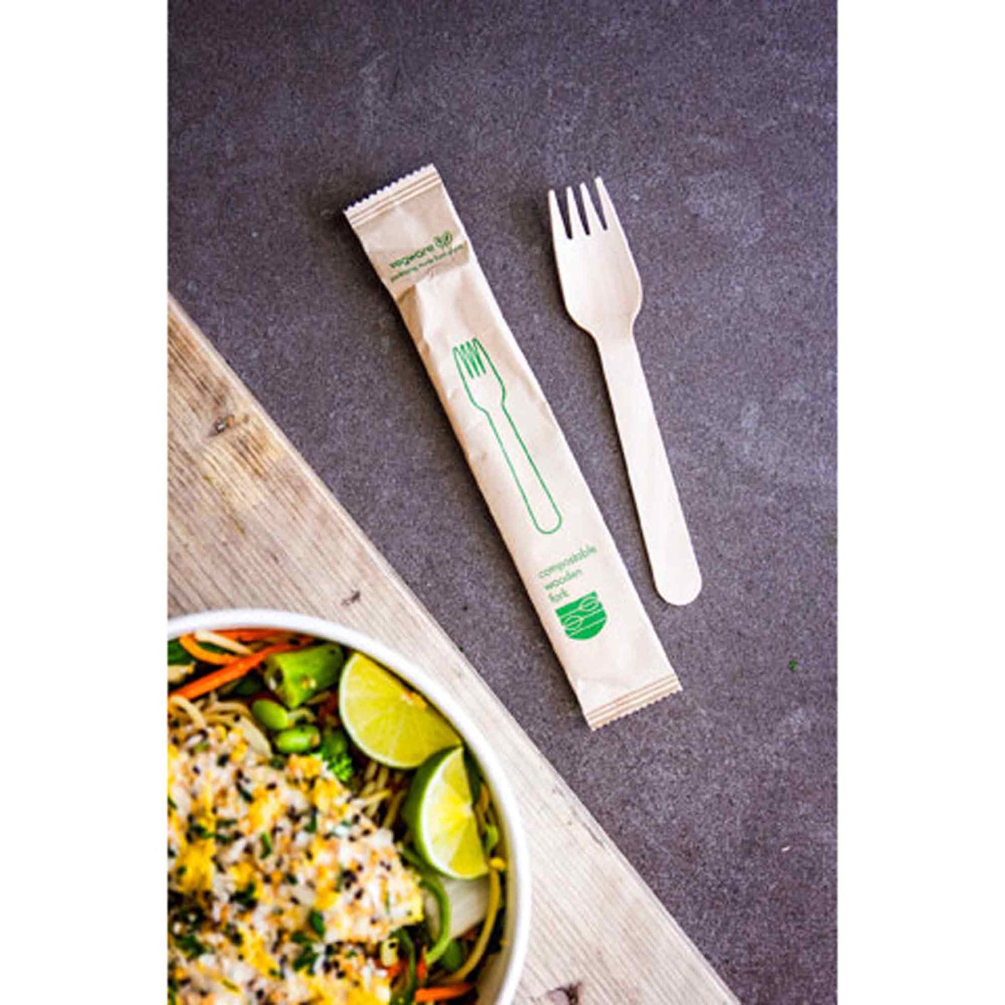 Vegware Compostable Wooden Fork - Wrapped - Case of 500