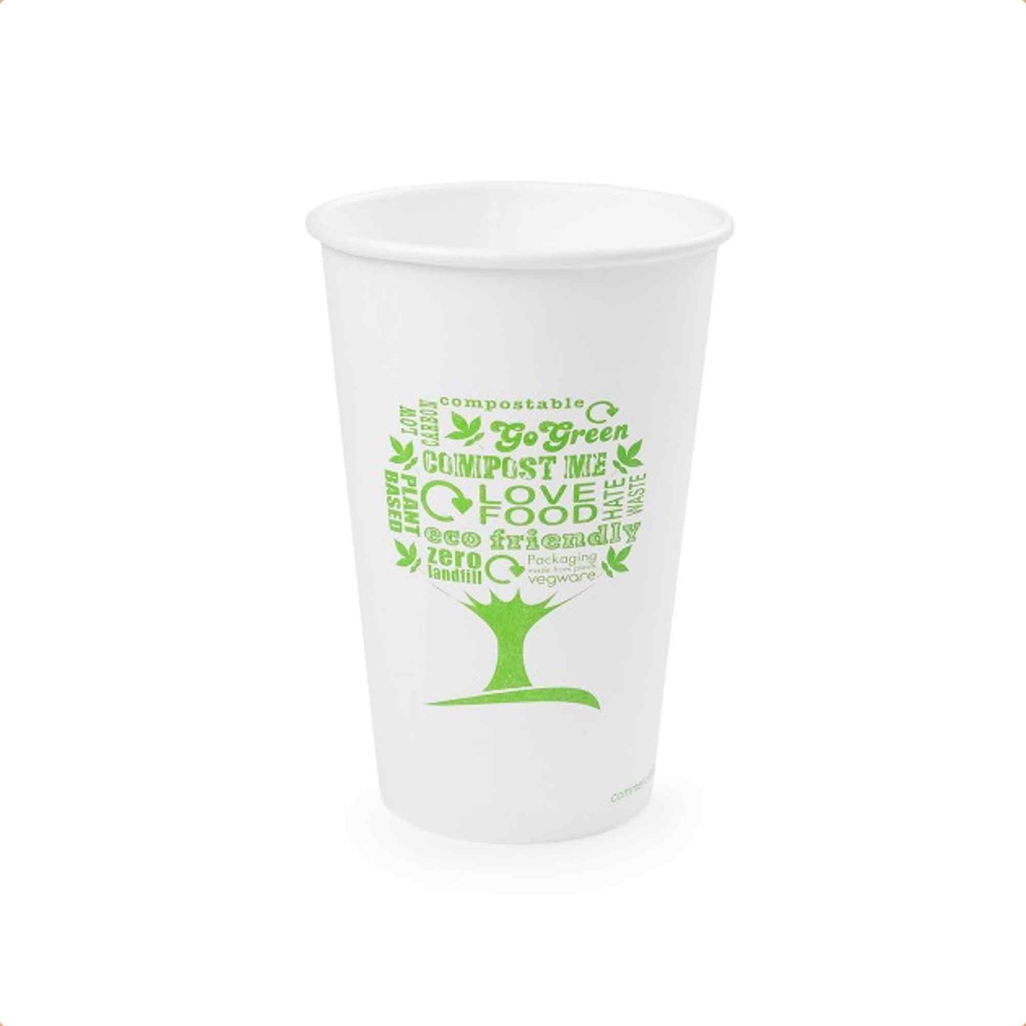 Vegware 16oz White Compostable Single Wall Hot Cups - Green Tree - Case of 1000