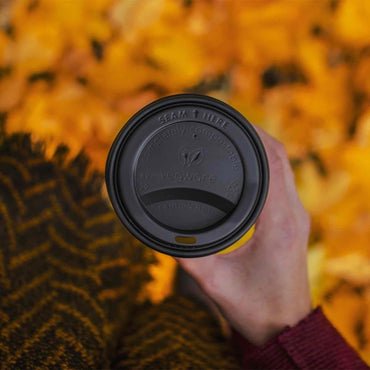 Vegware 12 & 16oz Eco Compostable CPLA Black Hot Coffee Cup Lids - Case of 1000 - 89 Series