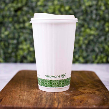 Vegware 16oz Eco Compostable Double Wall Embossed White Hot Coffee Cups - Case of 500