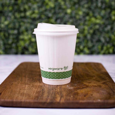 Vegware 8oz Eco Compostable Double Wall Embossed White Hot Coffee Cups - Case of 1000
