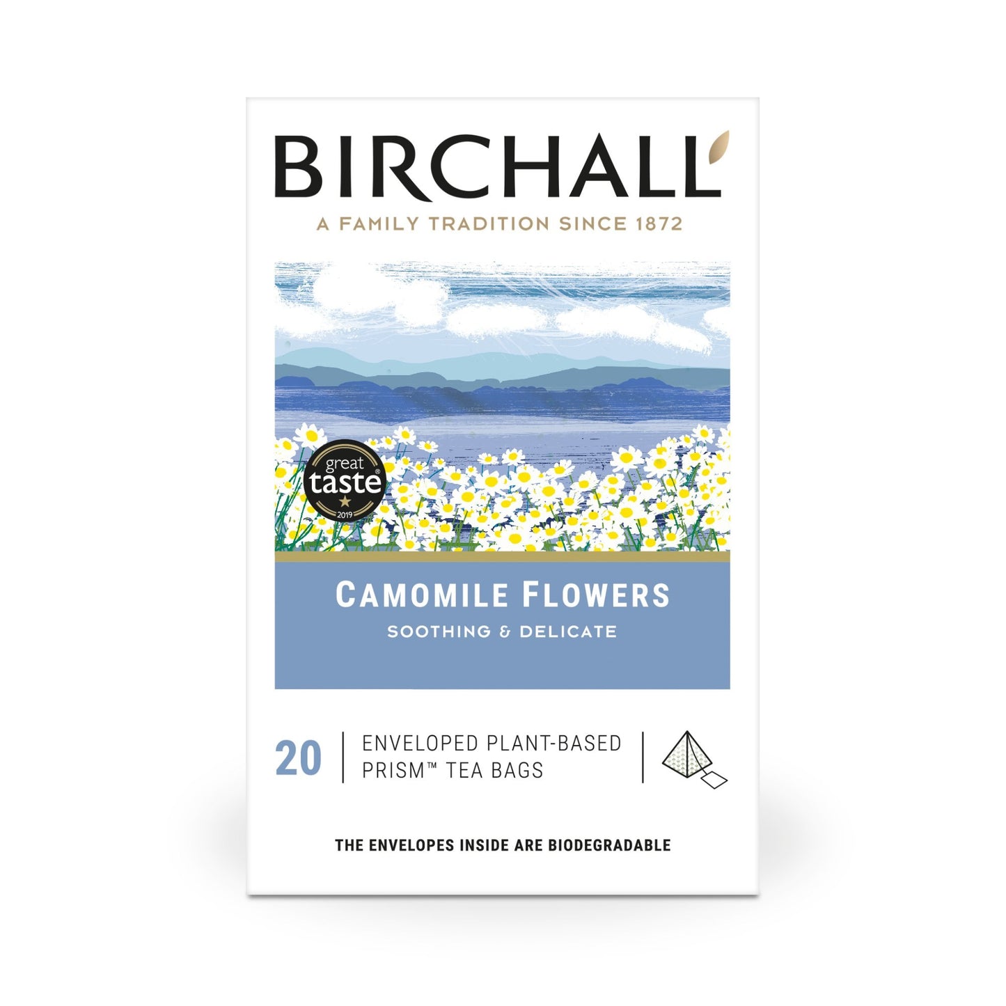 Birchall Camomile Flowers Enveloped Plant-Based Prism Tea Bags – 20 Pack