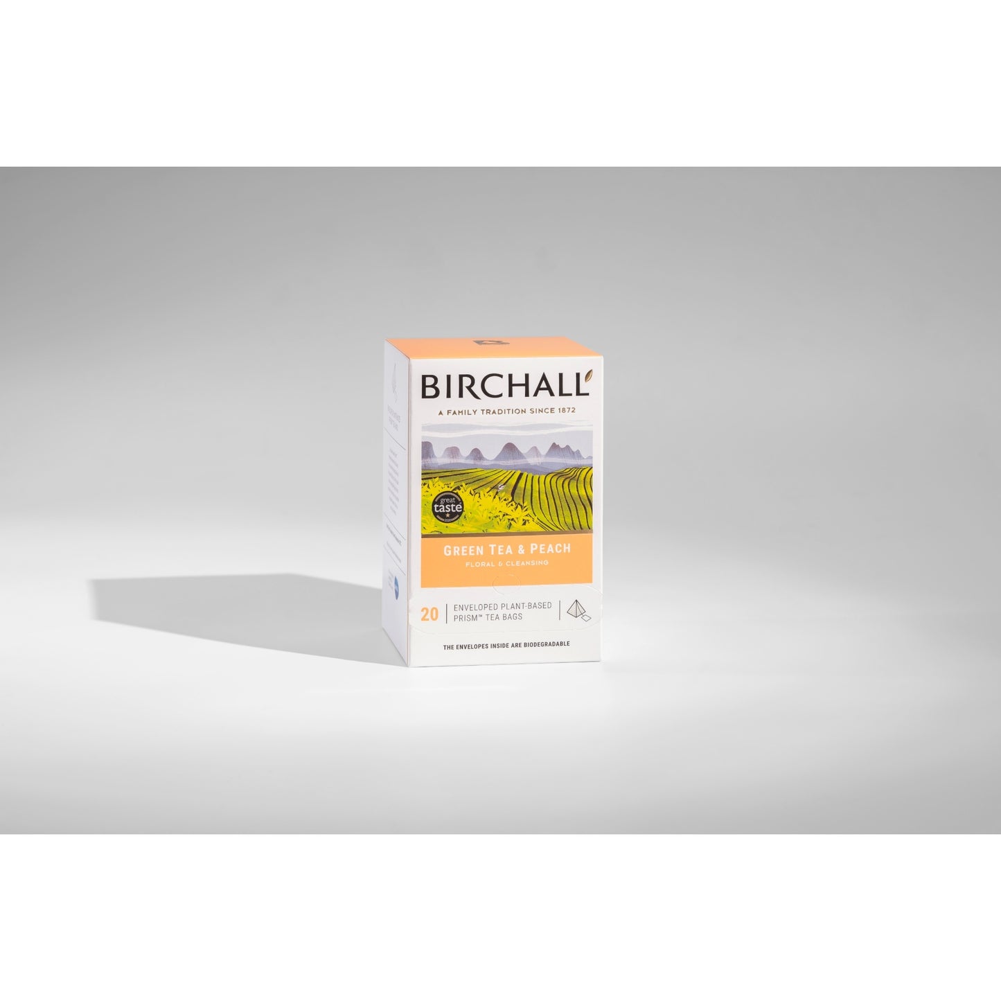 Birchall Green Tea & Peach Enveloped Plant-Based Prism Tea Bags – 20 Pack