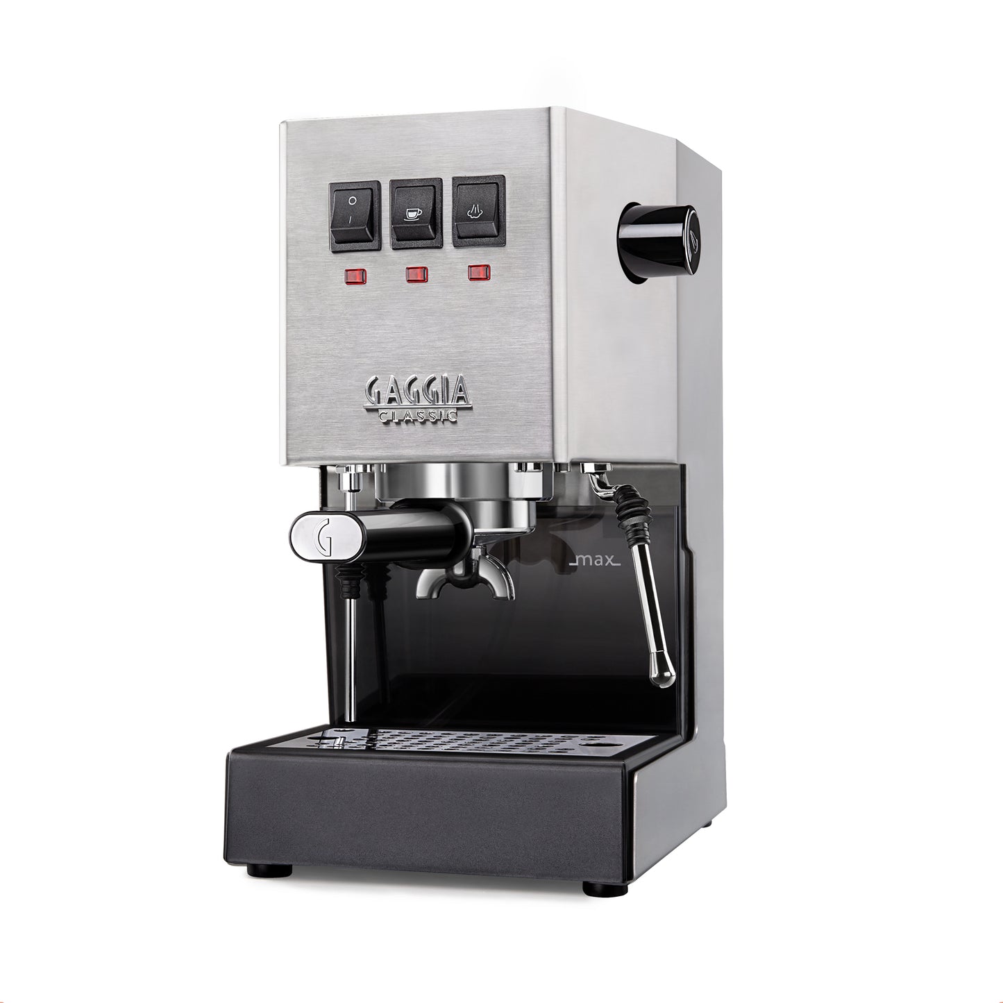 Gaggia Classic stainless steel home espresso machine, traditional single-boiler design for beginner to intermediate baristas.