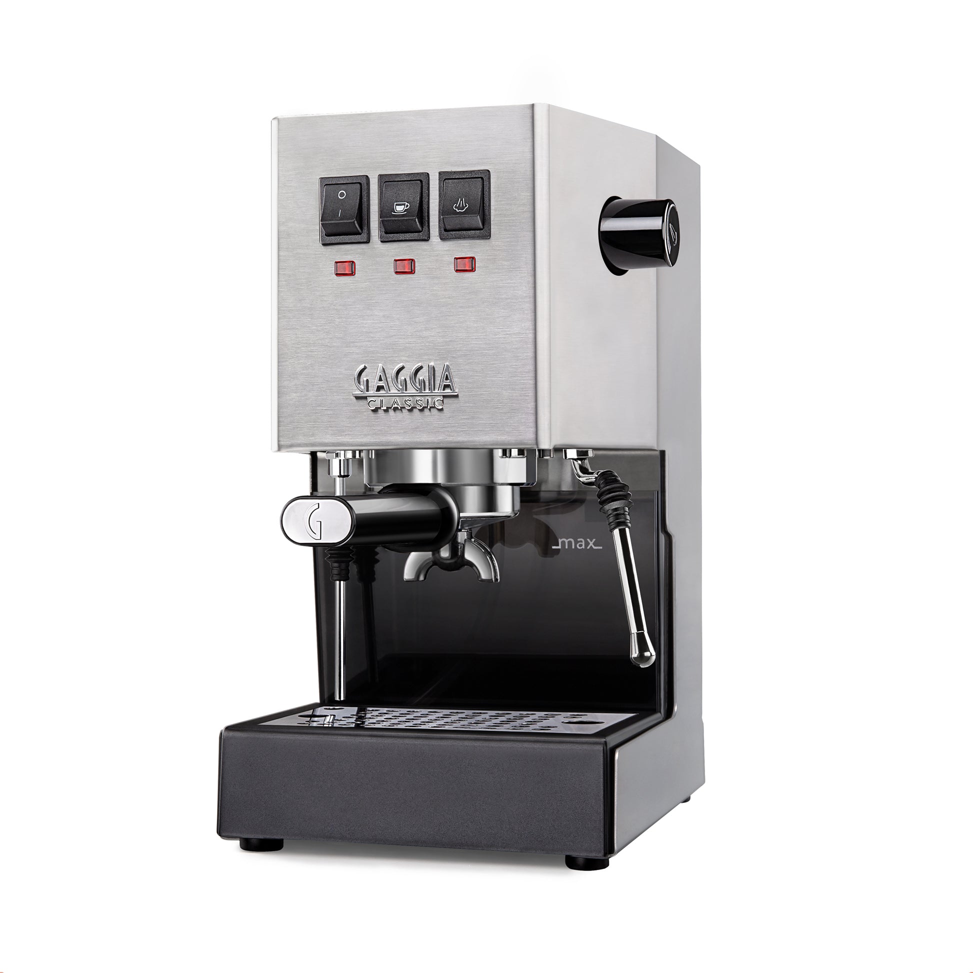 Gaggia Classic stainless steel home espresso machine, traditional single-boiler design for beginner to intermediate baristas.
