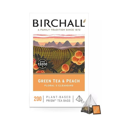 Birchall Green Tea & Peach – 200 Enveloped Plant-Based Prism Tea Bags