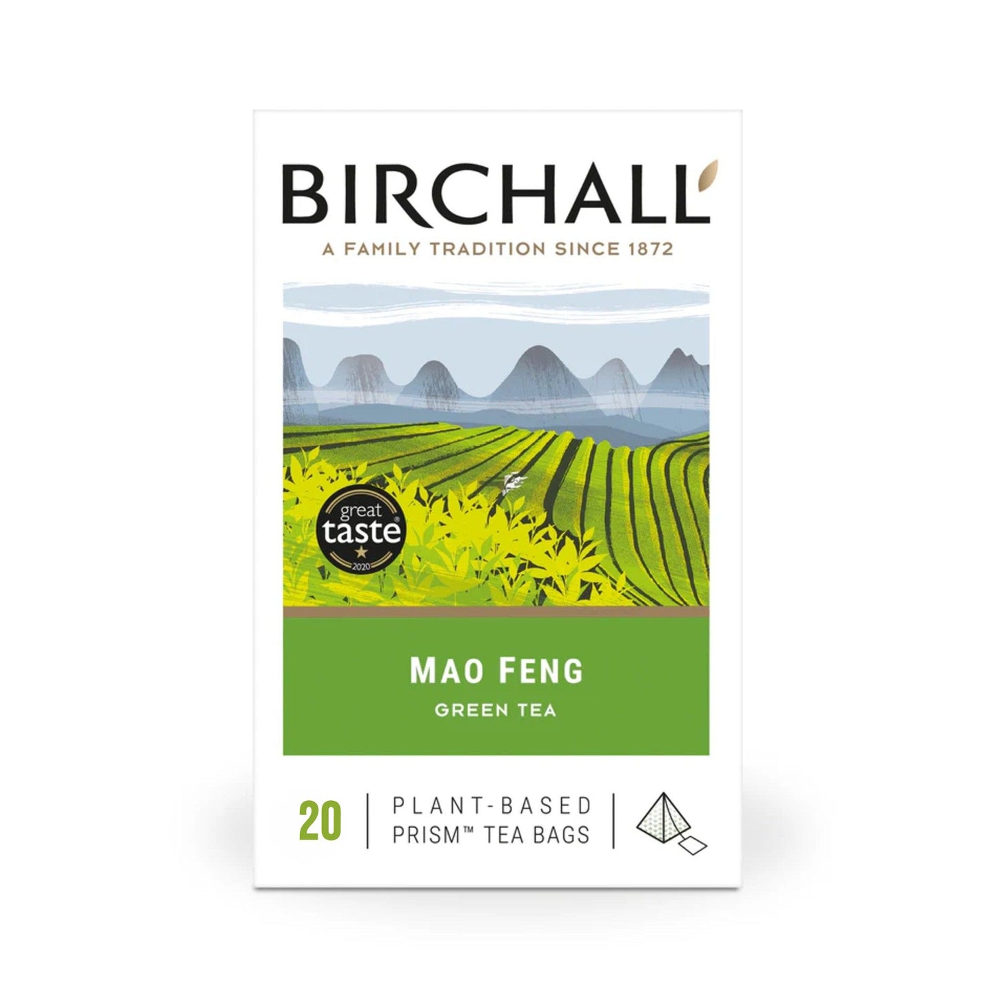 Birchall Mao Feng Green Tea Enveloped Plant-Based Prism Tea Bags – 20 Pack