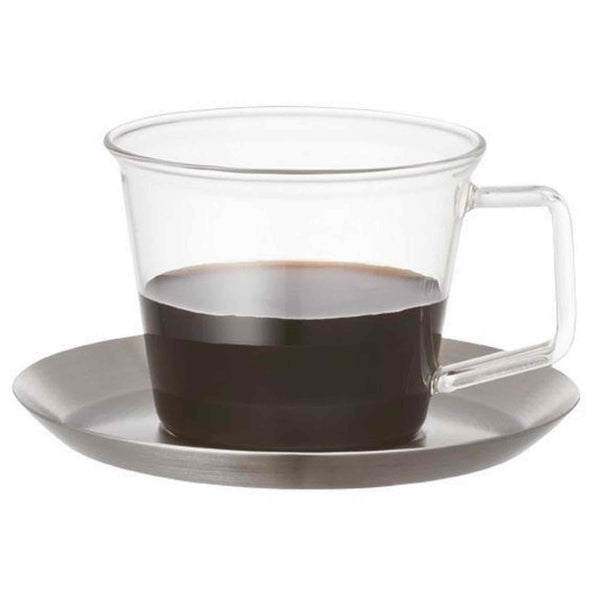 Kinto Cast Glass Coffee Cup and Saucer Stainless Steel - 220ml - 8oz