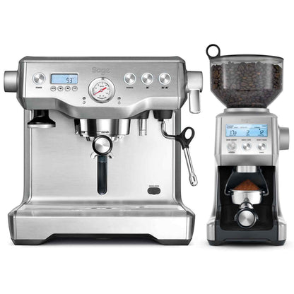 Sage Dynamic Duo espresso machine and grinder package, stainless steel setup for advanced home espresso brewing.