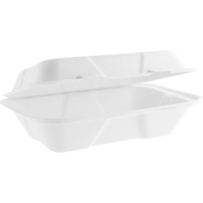 Vegware Compostable 9 x 6in Large Bagasse Clamshell - White - Case of 200