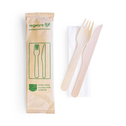 Vegware Compostable Wooden Knife and Fork Kit - Case of 250