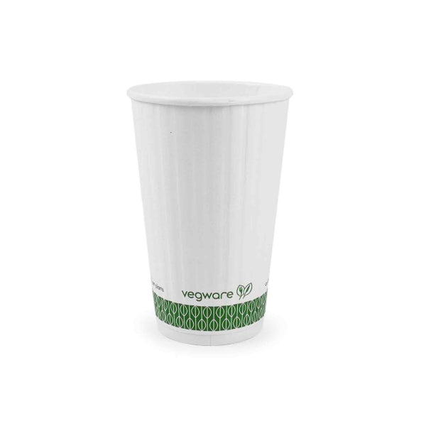 Vegware 16oz Eco Compostable Double Wall Embossed White Hot Coffee Cups - Case of 500