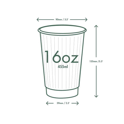 Vegware 16oz Eco Compostable Double Wall Embossed White Hot Coffee Cups - Case of 500
