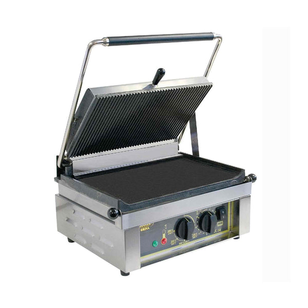 Roller Grill Single Cast Iron Contact Grill Flat Base & Ribbed Top - Panini L - 430mm
