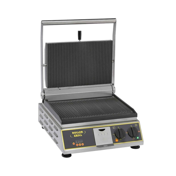 Roller Grill Single Enamelled Cast Iron Contact Grill Ribbed Base & Ribbed Top - Premium R - 400mm