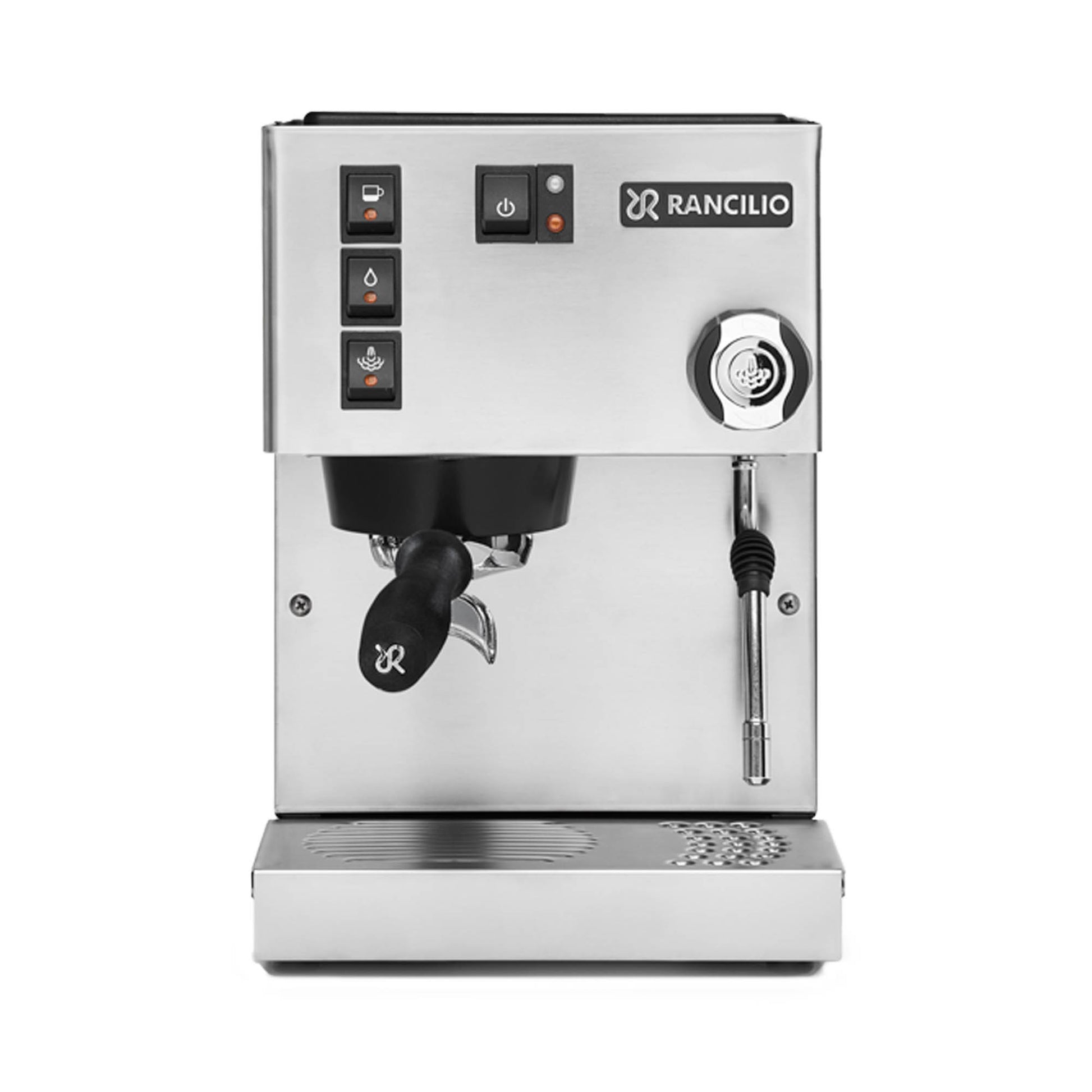 Rancilio Silvia E V6 Inox home espresso machine in stainless steel, compact traditional design for café-style coffee.