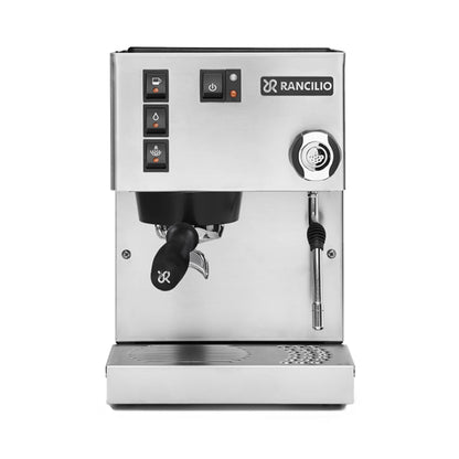 Rancilio Silvia E V6 Inox home espresso machine in stainless steel, compact traditional design for café-style coffee.