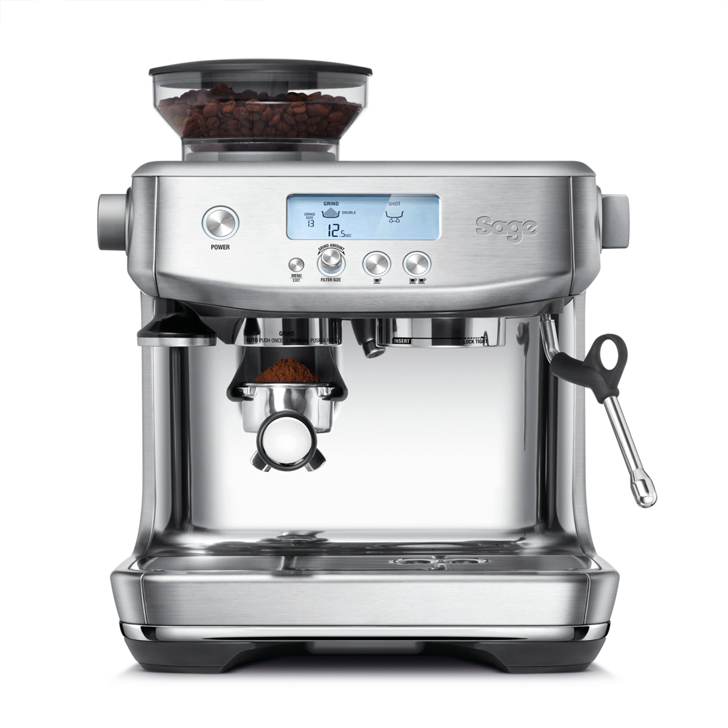 Sage Barista Pro espresso machine in brushed silver with built-in grinder for fast, consistent home espresso.