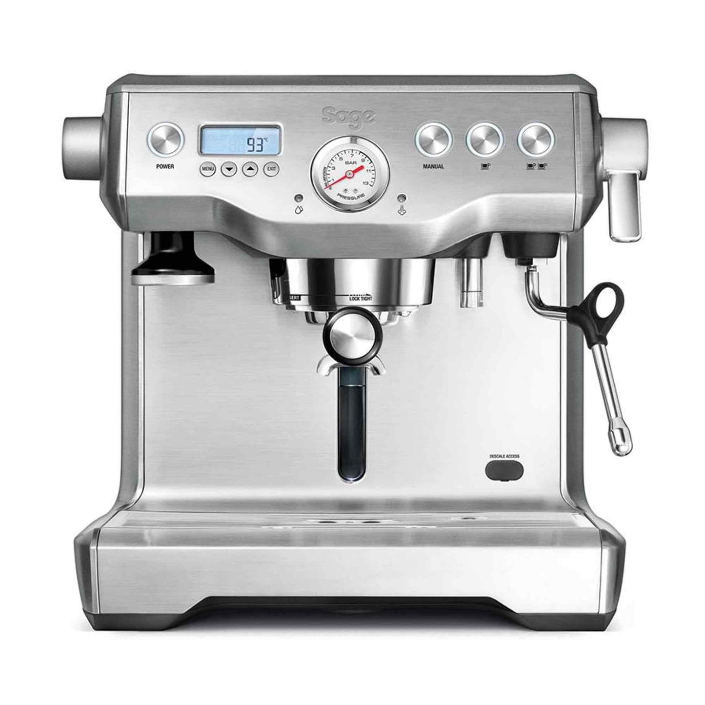 Sage Dual Boiler espresso machine in brushed silver with dual boilers for powerful home barista performance.