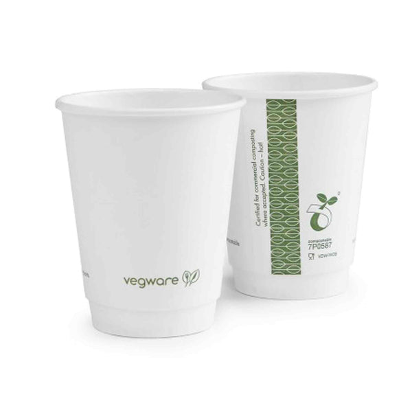 Vegware 8oz Eco Compostable Double Wall White Hot Coffee Cups - Case of 500