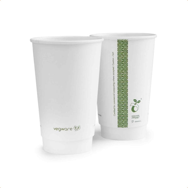 Vegware 16oz Eco Compostable Double Wall White Hot Coffee Cups - Case of 400