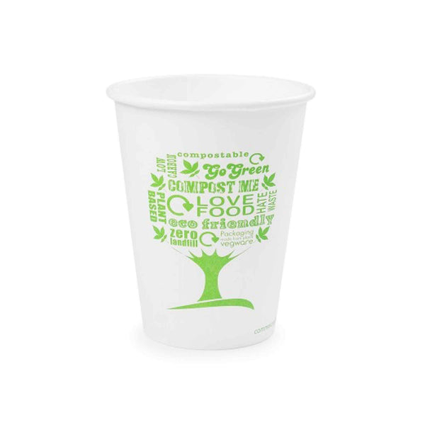 Vegware 12oz White Compostable Single Wall Hot Cups - Green Tree - Case of 1000