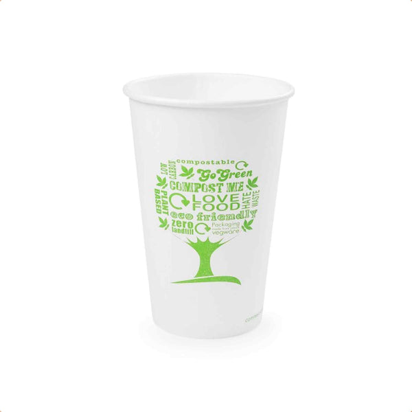Vegware 16oz White Compostable Single Wall Hot Cups - Green Tree - Case of 1000