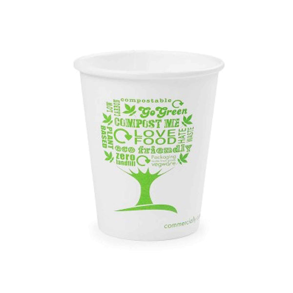 Vegware 6oz White Compostable Single Wall Hot Cups - Green Tree - Case of 1000