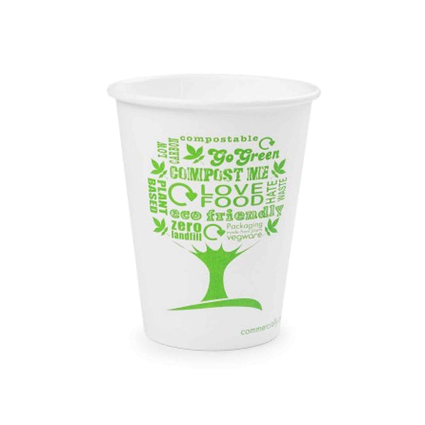 Vegware 8oz White Compostable Single Wall Hot Cups - Green Tree - Case of 1000