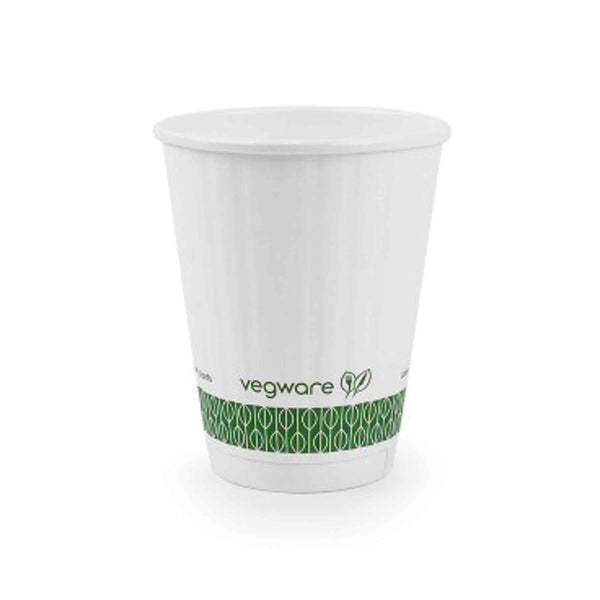 Vegware 8oz Eco Compostable Double Wall Embossed White Hot Coffee Cups - Case of 1000